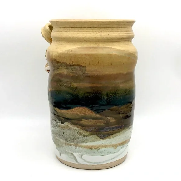 Large Pottery Crock Vase Hand Made Beads On Leather Dangle Applied Floral Relief - Picture 5 of 15